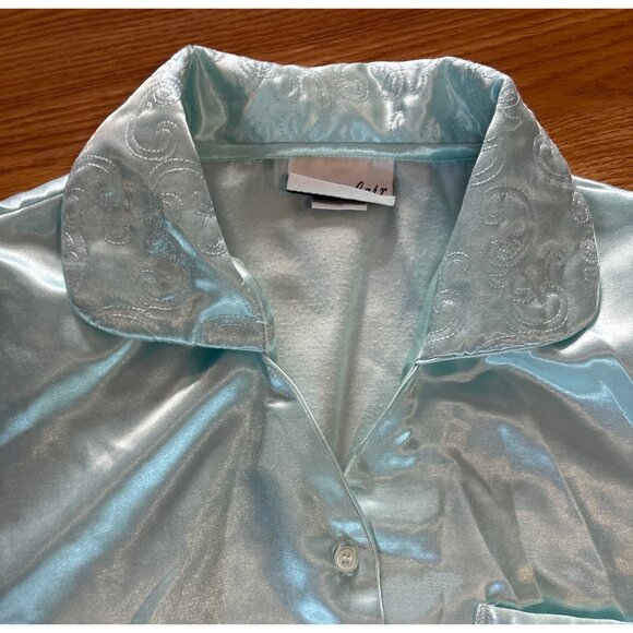 Vanity Fair Pajama Set Silky Mint Green Embroidered Med (10-12) Button Pockets - Picture 4 of 13
